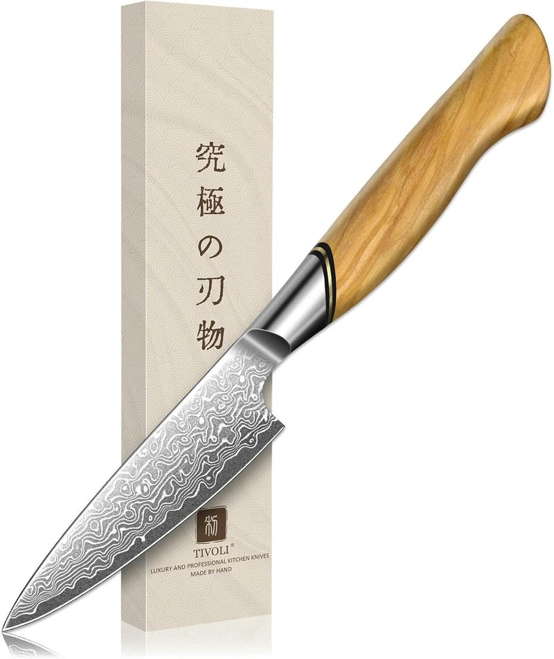 Tivoli Damascus Paring Knife,VG-10 Fruit Knife with Razor Sharp Blade and Ergonomic Olive Wood Handle, Ideal for Home and Kitchen - Image 1